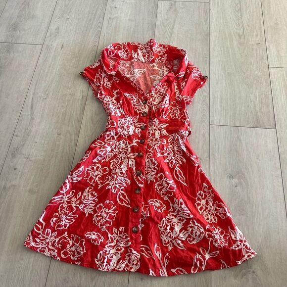 Free People A Thing Called Love Floral Linen Blend Mini Dress Size 2 Red Orange - Picture 1 of 9
